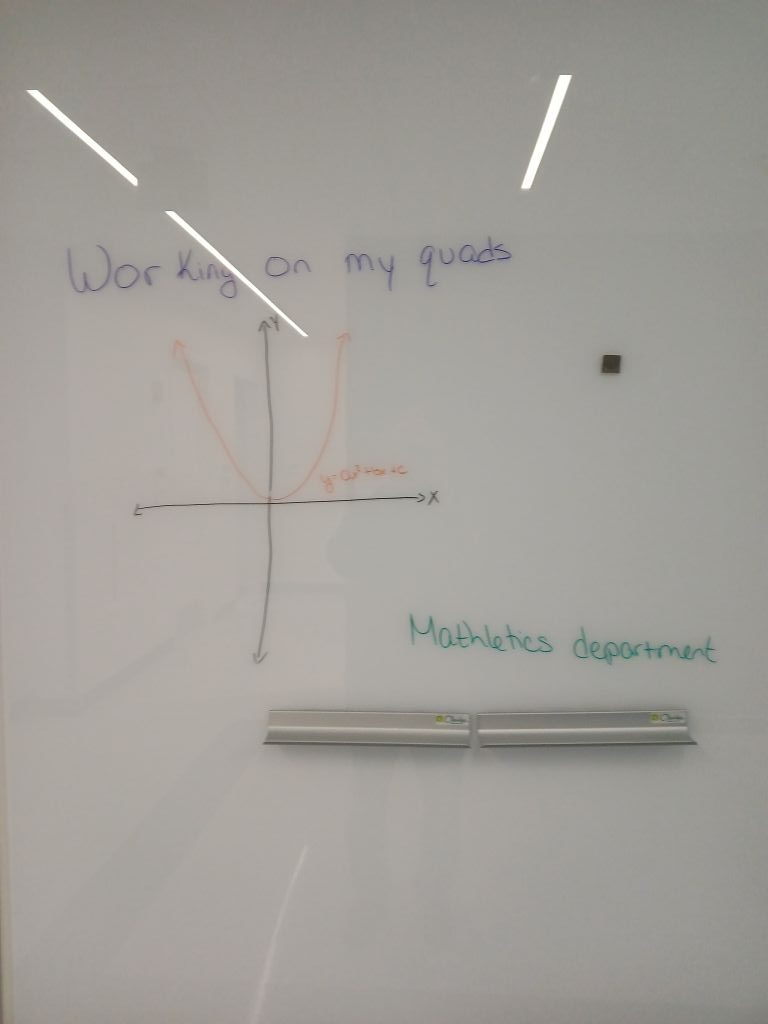 visualization of a quadratic function on a Cartesian system with the caption "working on my quads" which is attributed to the Mathletics Department